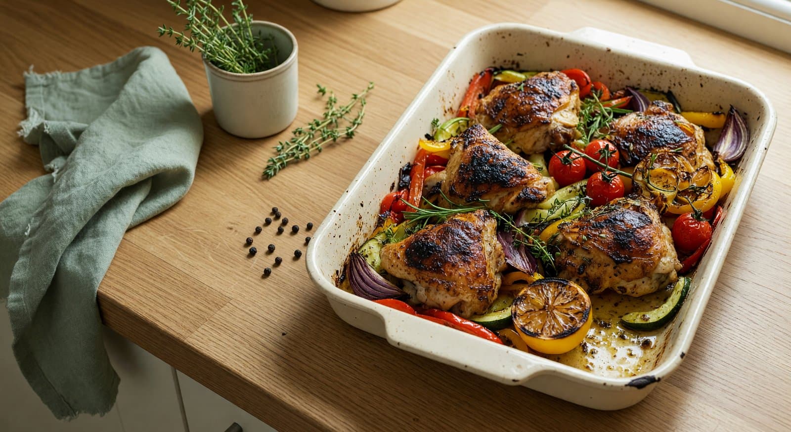Mediterranean chicken thigh traybake with roasted peppers, red onion, courgette and lemon on a UK kitchen counter